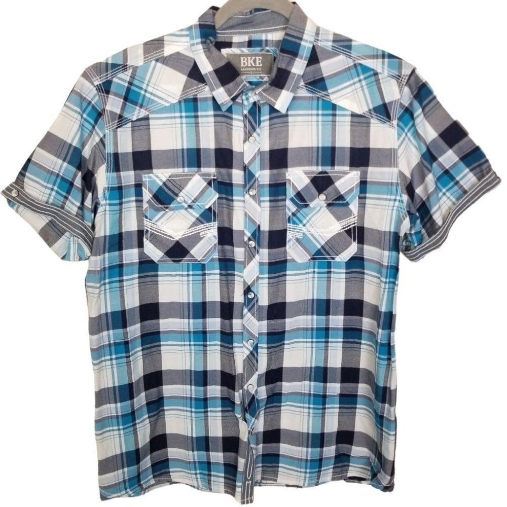 BKE Mens L Blue Plaid Pearl Snap Front Shot Sleeve